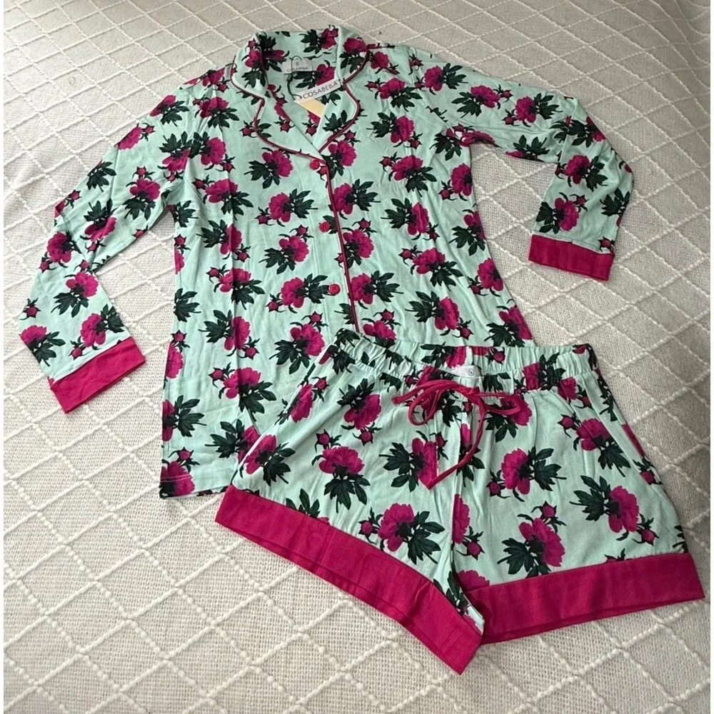 Cosabella Bella Floral Pajama Set Lagoon Mint‎ & Fuchsia Luxury Sleepwear